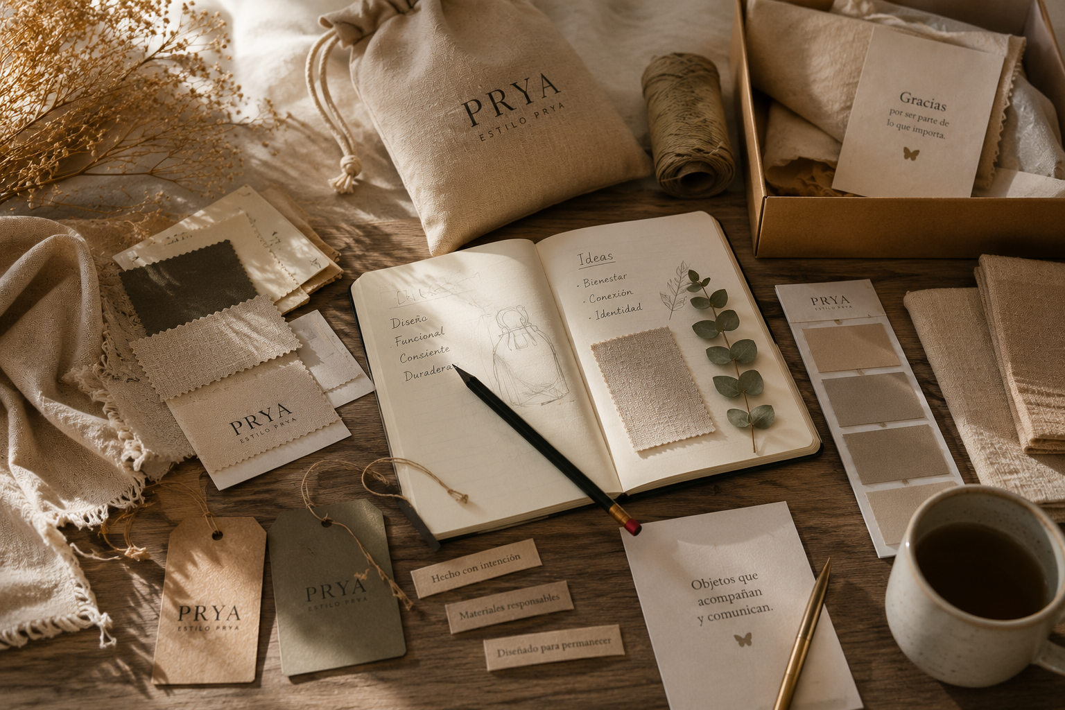 Mesa de trabajo con materiales, telas y proceso creativo PRYA